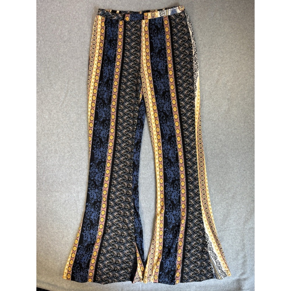 House Of Mental BOHO Flare Pants High Waisted Mixed Print Hippie 70's Festival L